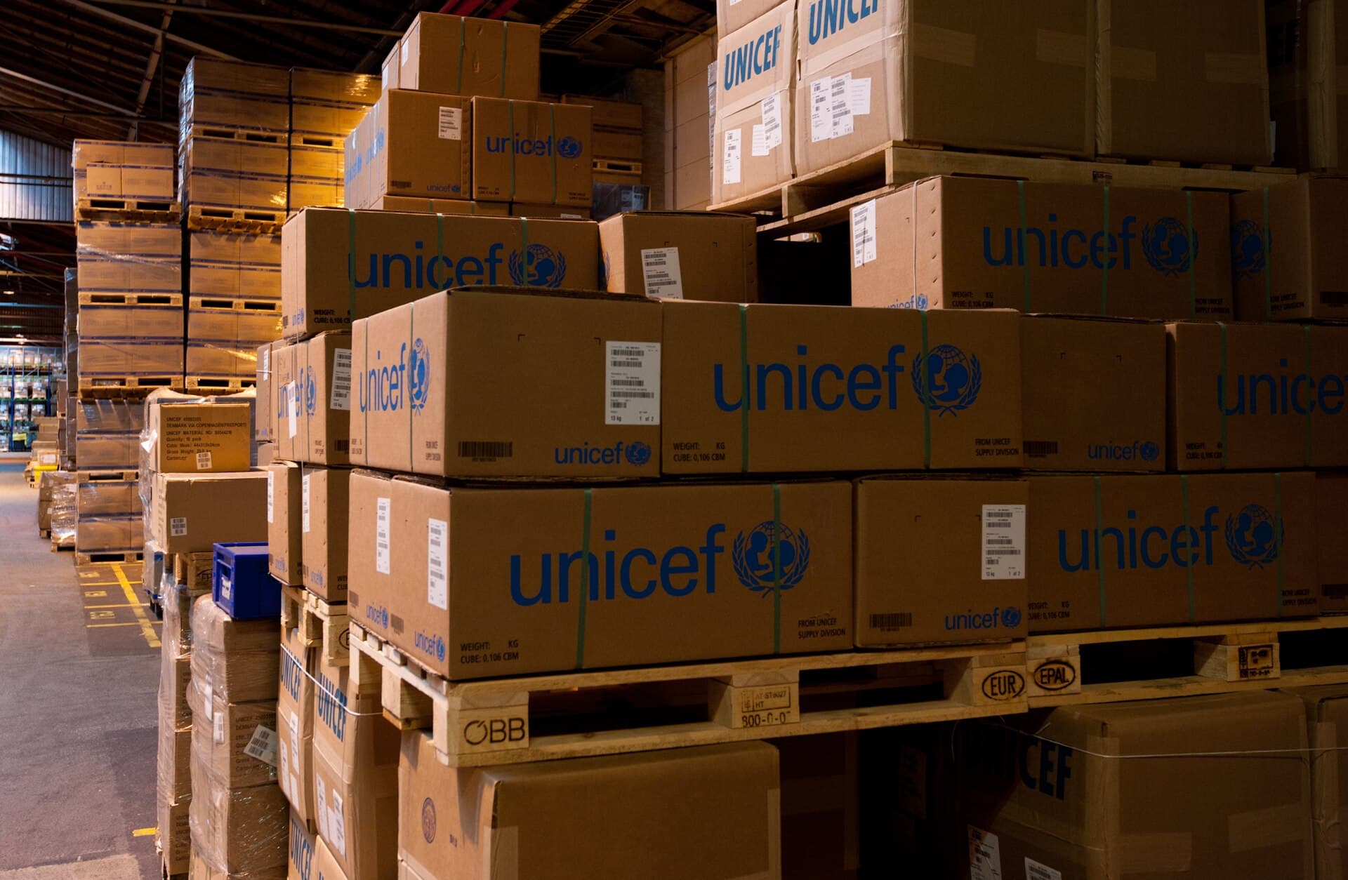 Warehouse pallets stacked in aisles, ready for distribution